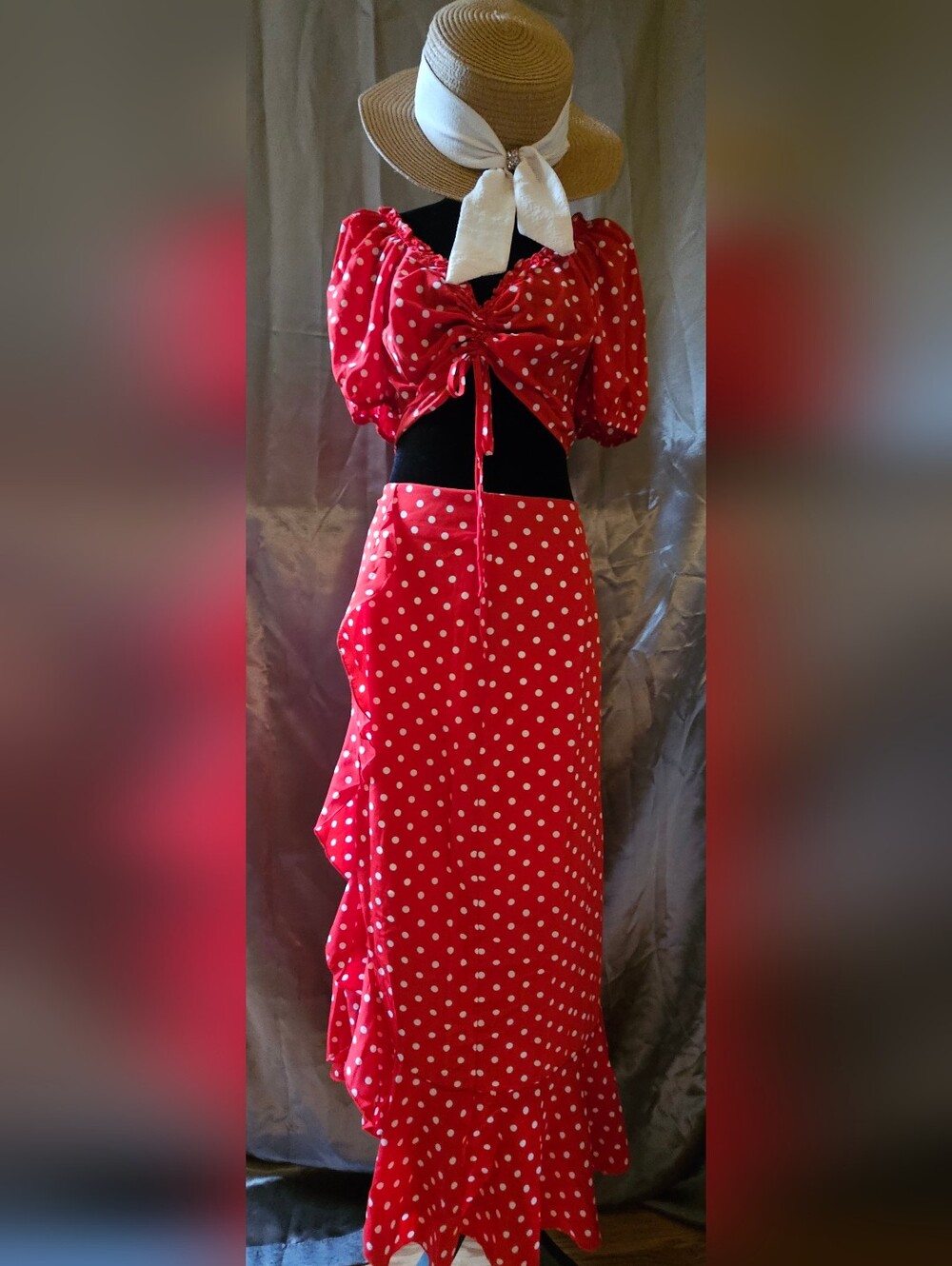 Red Polka Dot Ruffle Midi Skirt 2 Piece Set Women's